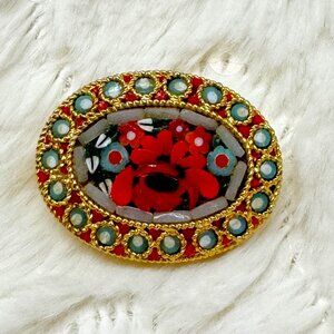 Vintage Micro Mozaic Brooch Gold Tone Red and Teal Colored Flowers Oval Shape